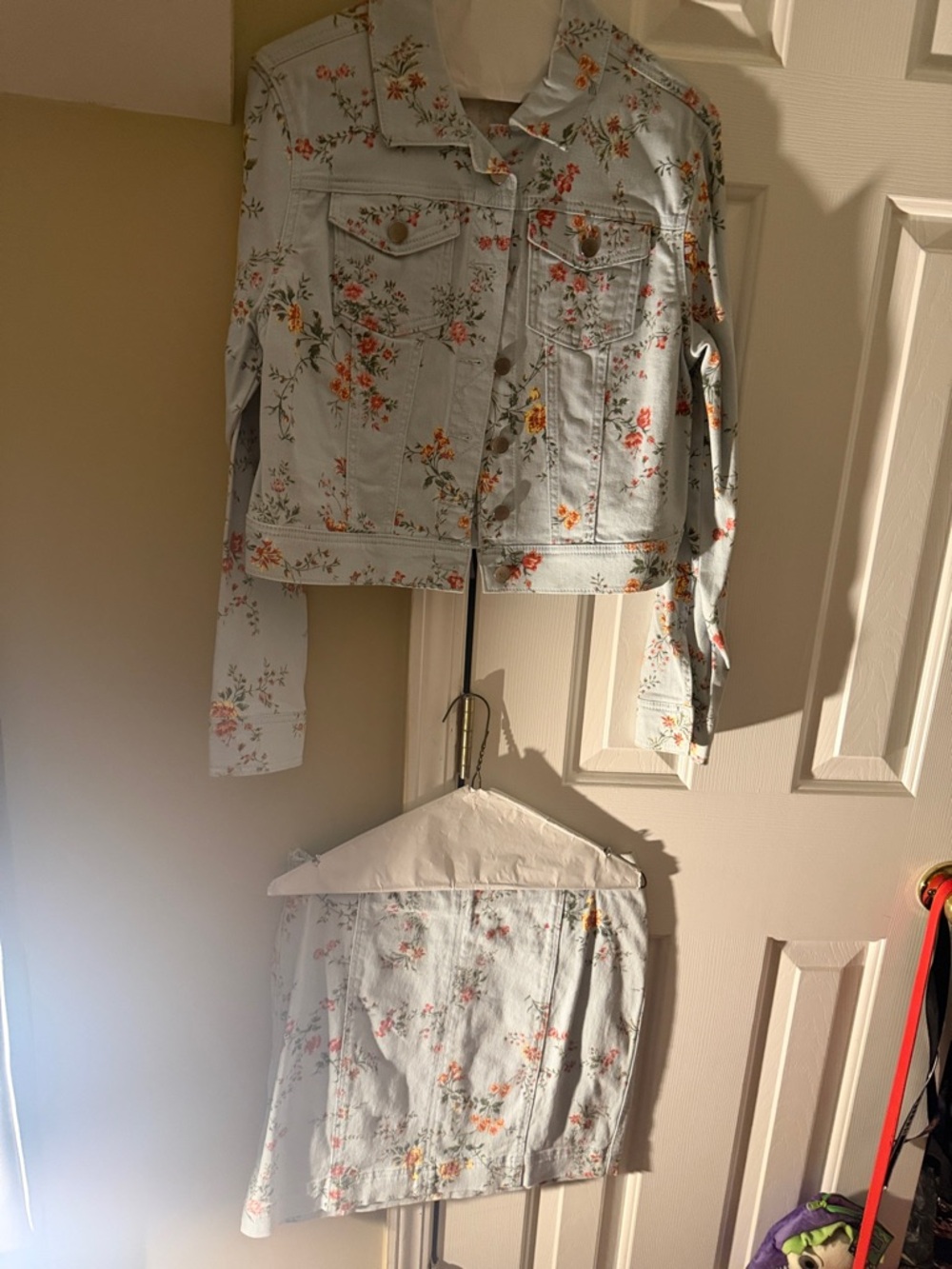 Floral Light Blue Denim Skirt Set - Jacket & Skirt